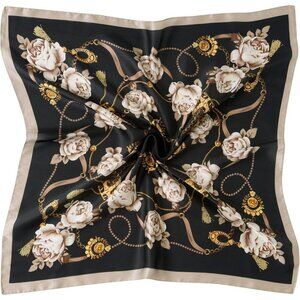 Women Black Flower Headscarf Satin Bandana Pattern Polyester Breathable Scarves